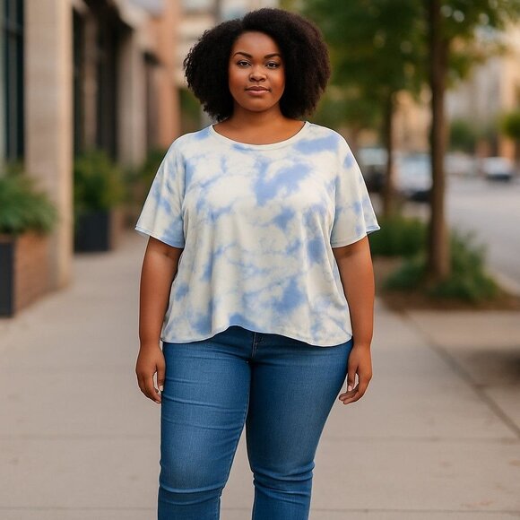 Real Essentials Tops - Real Essentials Womens 2X Blue & White Tie-Dye Short Sleeve Loose Fit Top